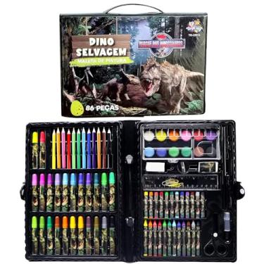 Imagem de Maleta Pintura + Canetinhas Lápis Desenhos Dinossauros 86 peças
