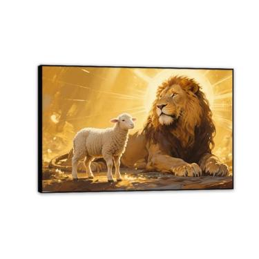 Imagem de Leão de Judá, arte de parede, tela, cordeiro, Jesus, pinturas, para sala de estar, fotos cristãs, pôster e impressões, decoração de parede para quarto 75 x 50 cm (30 x 20 pol), moldura preta