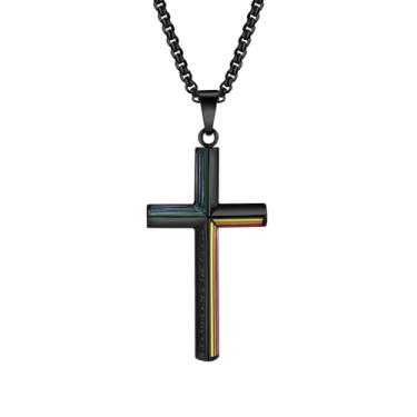 Imagem de PAMTIER Colar unissex de aço inoxidável com bandeira arco-íris lésbica LGBT orgulho gay pingente crucifixo anel de declaração de amor, Metal, Metal