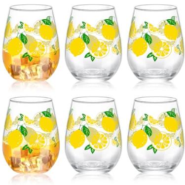 Imagem de Maxcheck Conjunto de 6 peças de taças de vinho limão de 510 g, taças sem haste de verão com desenhos de limão amarelo para presente de casamento, aniversário, presente de festa de fim de ano