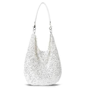 Imagem de Bolsa feminina de lantejoulas, bolsa de ombro de grande capacidade, bolsa de mão para casamento, formatura, festas, viagens (branca), Branco, One Size