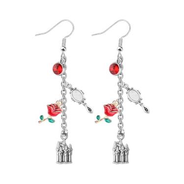 Imagem de Brincos de pingente de livro de presente inspirados em histórias de beleza, brincos de flores de rosas para fãs de princesas, Small, Aço inoxidável, Sem pedra preciosa