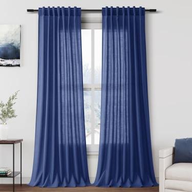 Imagem de Cortinas de linho azul clássicas extralongas de 300 cm para sala de estar, conjunto com 2 painéis, bolso para varão, filtro de luz, semitransparente, cortinas de janela de linho, privacidade, cortinas