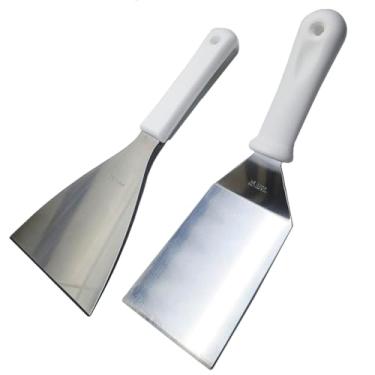 Imagem de Kit 2 Espátula Chapeiro Reta e Curva Profissional Grande em Inox Chapa Lanches Porções Lanchonetes Bares Restaurantes