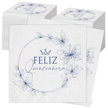 Imagem de Kosiz 100 peças Mis 15 Quince Girls Guardanapos de coquetel de festa de aniversário de 15 anos desdobrados 23 x 23 cm, 3 camadas, artigos de mesa de papel para decoração de quinze anos, azul