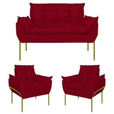 Imagem de Kit 2 Poltronas + Namoradeira Pé Metal Dourado Recepção Sala Vermelho