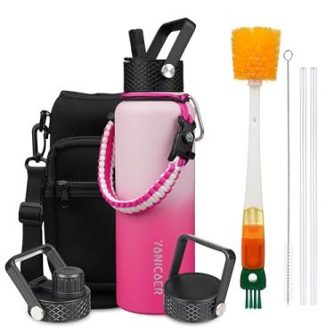 Imagem de YONICOER Garrafa de água isolada de 1,134 g, aço inoxidável a vácuo de parede tripla (pode ser lavada na lava-louças), à prova de vazamento e não BPA, jarro com alça de paracord e tampas de bico de