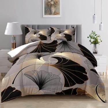 Imagem de Raphus cucullatus Jogo de cama queen com folha de ginkgo, botânico, lindo edredom de folha de ginkgo, preto e dourado, boêmio, gótico, lindo edredom botânico