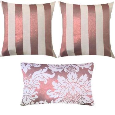 Imagem de Kit 3 Almofadas Luxo Listrado e Medalhão Rosê Gold - Sua Casa Decor