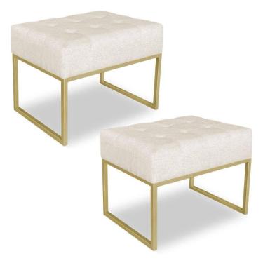 Imagem de Kit 02 Puffs Lisa Linho Base Metálica Industrial Dourado Bege
