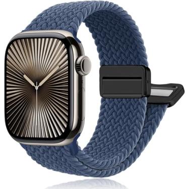 Imagem de Pulseiras de relógio esportivas de nylon compatíveis com Apple Watch Ultra 2 1 de 49 mm, 46 mm, 45 mm, 44 mm e 42 mm, pulseira magnética trançada macia para mulheres e homens séries 10/9/8/7/6/5/4/3