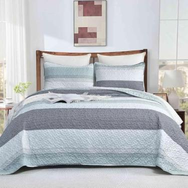 Imagem de Nanko Conjunto de colcha queen tamanho casal 3 peças, colchas de cambraia listradas verde menta cinza, colchas de cama macias e leves, conjunto de cama com edredom acolchoado fino para mulheres e