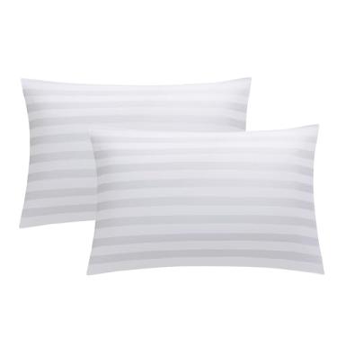 Imagem de Protetores de travesseiro clássicos 100% algodão com zíper invisível (king, 51 x 91 cm, pacote com 2), fronhas macias de 600 fios, cor branca listrada