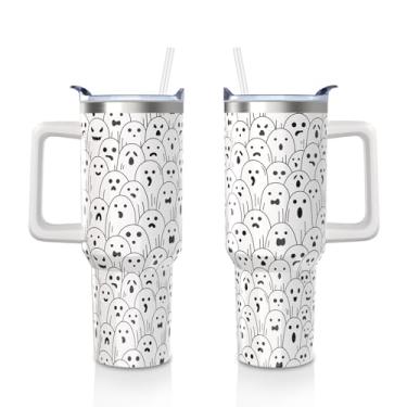 Imagem de Aokoyi Copo Halloween Ghost 1,134 g com alça e canudo, copo isolado a vácuo de parede dupla de aço inoxidável, presentes assustadores de Natal para mulheres e homens