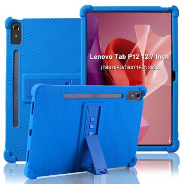 Imagem de ATOOZ Capa para Lenovo Tab P12 de 12,7 polegadas 2023, capa infantil de silicone macio à prova de choque para tablet Lenovo P12 com suporte e suporte para caneta (azul)