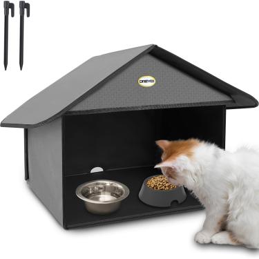 Imagem de Dreyoo Casas e condomínios para gatos Estação de alimentação para gatos ao ar livre para comida e água, sala de jantar de gatinhos à prova de intempéries, abrigo de gatos para gatos vadios, selvagens