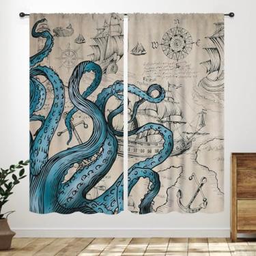 Imagem de Cortina de polvo náutico, engraçado monstro oceano Kraken Sealife navio pirata veleiro retrô mapa náutico padrão rural vintage cortinas para quarto, sala de estar, banheiro, janelas, tratamento 2