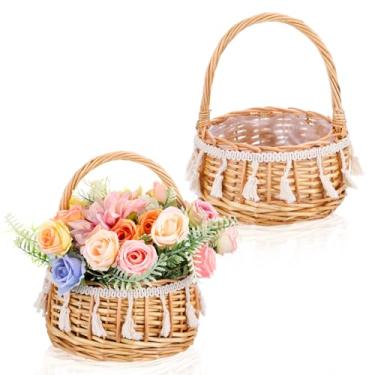 Imagem de Pacote com 2 cestas para meninas de flores boho, cesta de vime pequena com alça – cesta para flores, cestas decorativas de vime de salgueiro tecidas à mão para casamento, decoração de casa, presentes