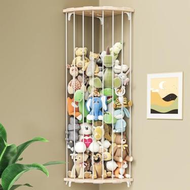 Imagem de Zayysoha Organizador de armazenamento de animais de pelúcia e armazenamento de brinquedos – Prateleira de rede de canto de madeira para rede, berçário, sala de jogos, quarto. Organizador de brinquedos