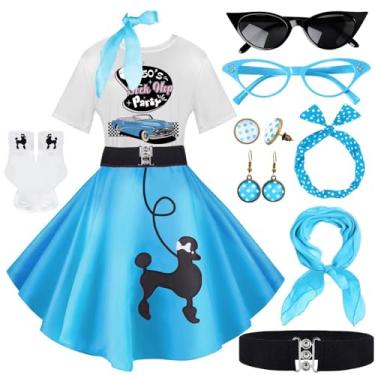 Imagem de 10 peças de roupas femininas, saias poodle dos anos 1950, camiseta poodle com acessórios dos anos 50, meias, cachecol, faixa de cabeça, brinco de cinto, Azul-sockhop, Small
