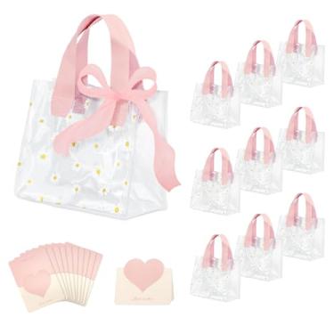 Imagem de 10 sacos de presente transparentes com alças, sacola reutilizável de flores de PVC transparente, incluindo cartões comemorativos e fita, ideal para chá de bebê, casamento, aniversário, compras (rosa)