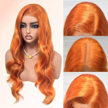 Imagem de Peruca frontal de renda de gengibre, 15 x 12 cm, sem cola, ondulado, peruca frontal sintética para mulheres negras, 66 cm pré-cortada pré-cortada HD peruca frontal com cabelo de bebê (laranja gengibre