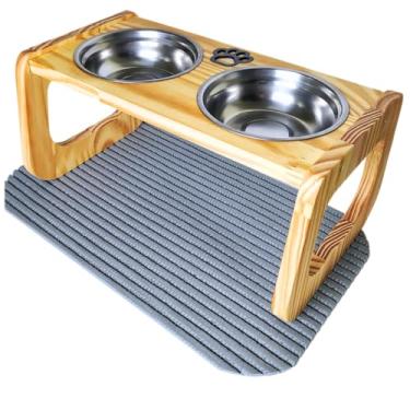 Imagem de Comedouro Elevado de Madeira Pinus para Cães Médios | Tigelas Inox 700 ml, Removíveis | Acompanha Tapete Antiderrapante 43x33cm | Acabamento em Óleo Mineral Atóxico (Cinza)