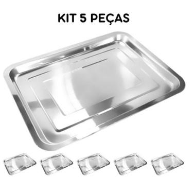 Imagem de 5 Bandejas Inox Rasa Retangular 30 X 40 Servir - Kit 5 Peças - Kehome