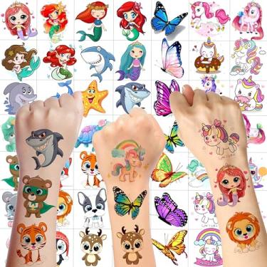 Imagem de 50 peças, animais fofos, zoológico, tatuagens temporárias para meninas, rosto de borboleta, sereia, unicórnio, tatuagens falsas de desenho 3D para crianças, meninos, suprimentos de lembrancinha de