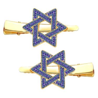 Imagem de Clipe de cabelo com estrela de David Hanukkah de strass com glitter azul seis estrelas jacaré clipe de metal festival de luzes bico de pato grampos de cabelo Hanukkah judeu feriado acessório de cabelo