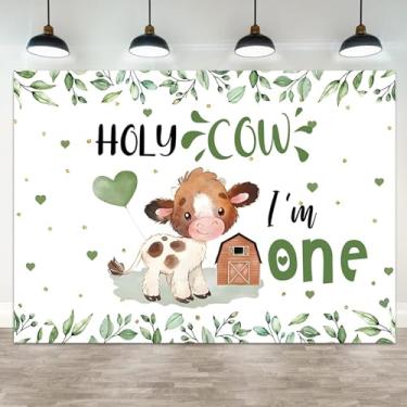 Imagem de ASDCXZ Pano de fundo de 2,1 x 1,5 m de aniversário de vaca sagrada I'm One, fundo fotográfico, folha verde, pontilhado, coração, balão de madeira, celeiro, menino, menina, primeiro aniversário