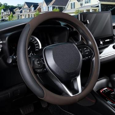 Imagem de SEG Direct Capa de volante para rodas de 37-38 cm, couro sintético respirável com laterais perfuradas, aderência antiderrapante, ajuste universal para carros e SUVs, preto e marrom