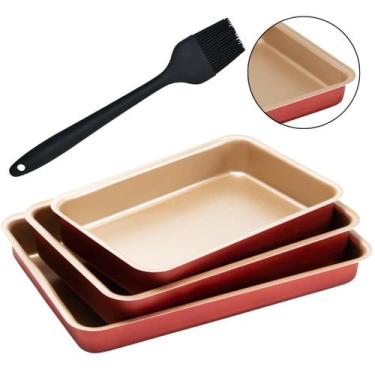 Imagem de Jogo Assadeiras Retangular 03 Peças Antiaderentes + Pincel - Marcolar