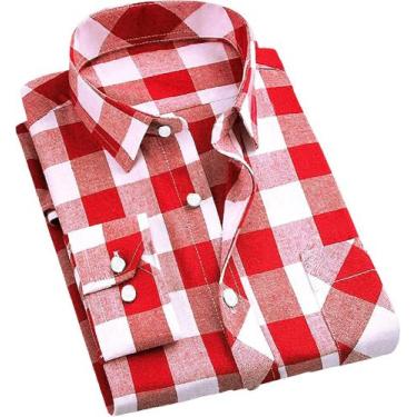 Imagem de Camisa masculina casual cromoncent de flanela vermelha branca