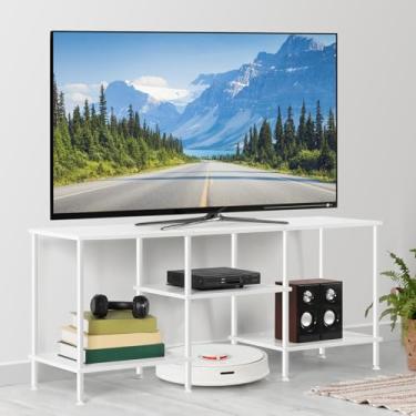 Imagem de OYEAL Suporte de TV para TVs de até 127 cm, centro de entretenimento com prateleiras de armazenamento abertas para sala de estar, quarto, branco