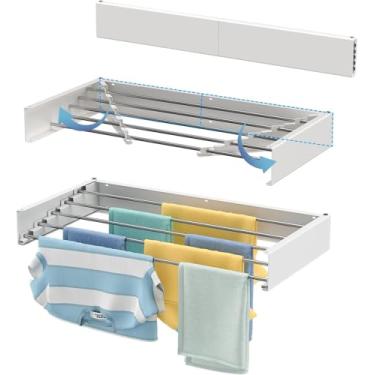 Imagem de Varal Retrátil de Parede Dobrável 80 cm 5 Varetas Invisível Para Roupa Apartamento Branco