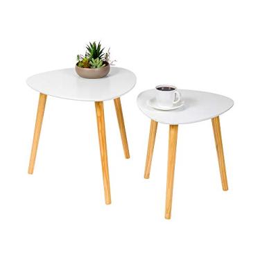 Imagem de Mesas de centro para encaixar, conjunto de 2 mesas laterais modernas – formato triangular, bordas arredondadas, conjunto de mesa de café de bambu com topo branco, resistente, para sala de estar ou escritório – Utensílios para restaurantes