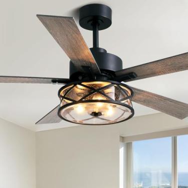 Imagem de APBEAMLighting Ventiladores de teto para casa de fazenda com luzes e controle remoto, ventilador de teto rústico de 52 polegadas com cúpula de vidro bolha ventilador de teto com gaiola de 6