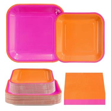 Imagem de Greencian 200 peças de decorações de festa rosa e laranja pratos e guardanapos descartáveis de cor sólida para meninos e meninas, tequila, decorações de festa ao nascer do sol, servir 50