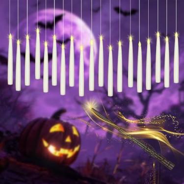 Imagem de xunhuimemory Decorações de Halloween - 20 peças de velas flutuantes com varinha - vela de LED flutuante sem chamas mágica cintilante, luz quente, decoração de Natal para sala de aula e quarto festa