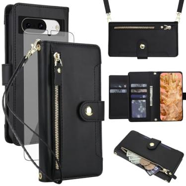 Imagem de Asuwish Capa de celular para celular Google Pixel 8 5G com zíper, protetor de tela de vidro temperado e alça de pulso transversal, suporte flip para cartão de crédito Pixel8 oito mulheres meninas