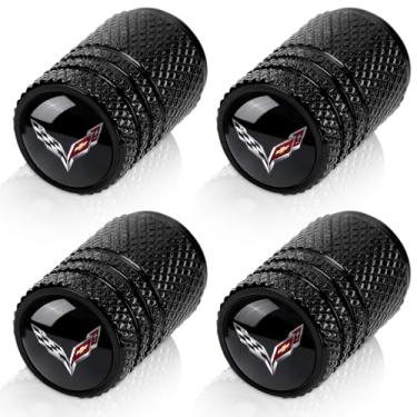 Imagem de Tampas de haste de válvula de pneu para Corvette C4 C6 C5 C7 C8 Z06 tampas de ar de roda de carro de metal tampas de haste de válvula automotiva acessórios 4 pacotes preto