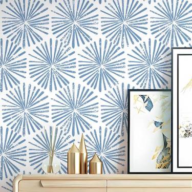 Imagem de Papel de parede Safiyya 393x44cm Desenho geométrico azul e branco