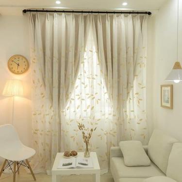 Imagem de Cortina blackout de janela de camada dupla para sala de estar, painel de cortina sólido em camadas bordadas, quarto/isolamento térmico com sobreposição de tule plissado sombreado, 1 peça, cáqui L 150