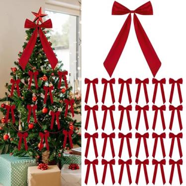 Imagem de 25 peças de laços de veludo vermelho de Natal incluem 1 peça grande de 51 x 28 cm e 24 peças pequenas de laços de guirlanda de veludo para árvore de Natal, enfeites de arco de Natal vermelho para