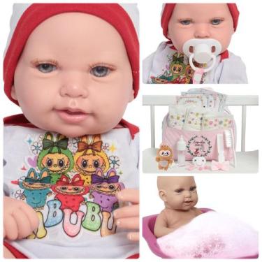 Imagem de Boneca Reborn Recém Nascida Carequinha Roupa Labubu + Itens - Cegonha 