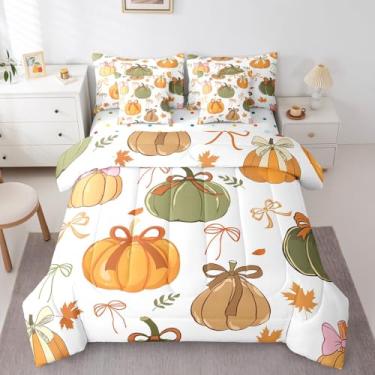 Imagem de Erosebridal Conjunto completo de edredom com laço de outono com estampa de 7 peças, para crianças, meninos, meninas, folhas de bordo, laranja, verde, conjunto de lençol com edredom