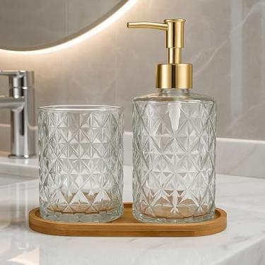 Imagem de Kit Banheiro Cerâmica 2 Peças - Porta Sabonete Líquido e Porta Escova para Decoração Lavabo(CRISTAL DOURADO)