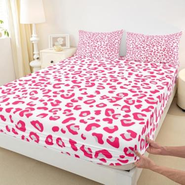 Imagem de Homewish Jogo de lençol casal com estampa de leopardo rosa, 3 peças, para decoração de quarto de crianças, adolescentes e adultos, lençol romântico com estampa de pele de animal selvagem e 2 fronhas