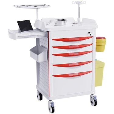 Imagem de OLERN Carrinho de armazenamento médico com rodas – Vara IV, rodízios silenciosos, gavetas com divisórias, suporte para descarte de agulhas, lixeira, suporte de O2, carrinho móvel de emergência para